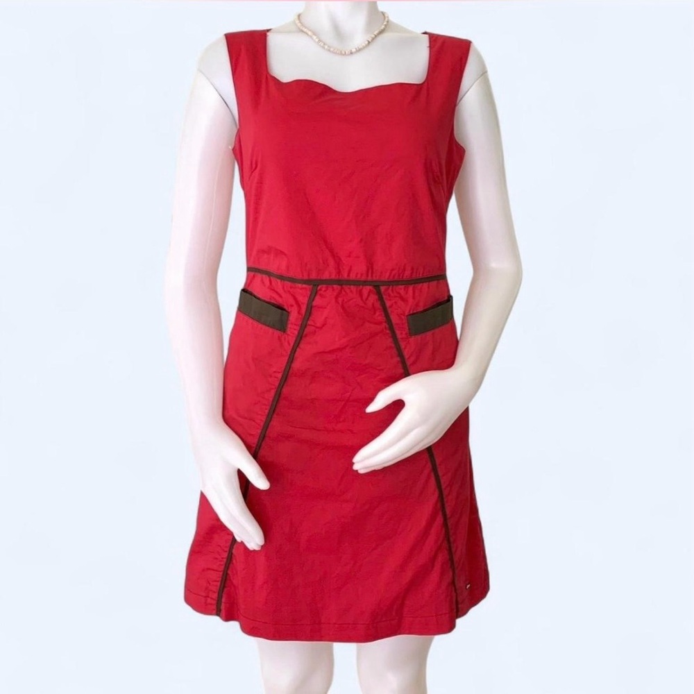 Skunkfunk red sleevless sheath dress with dark brown trim